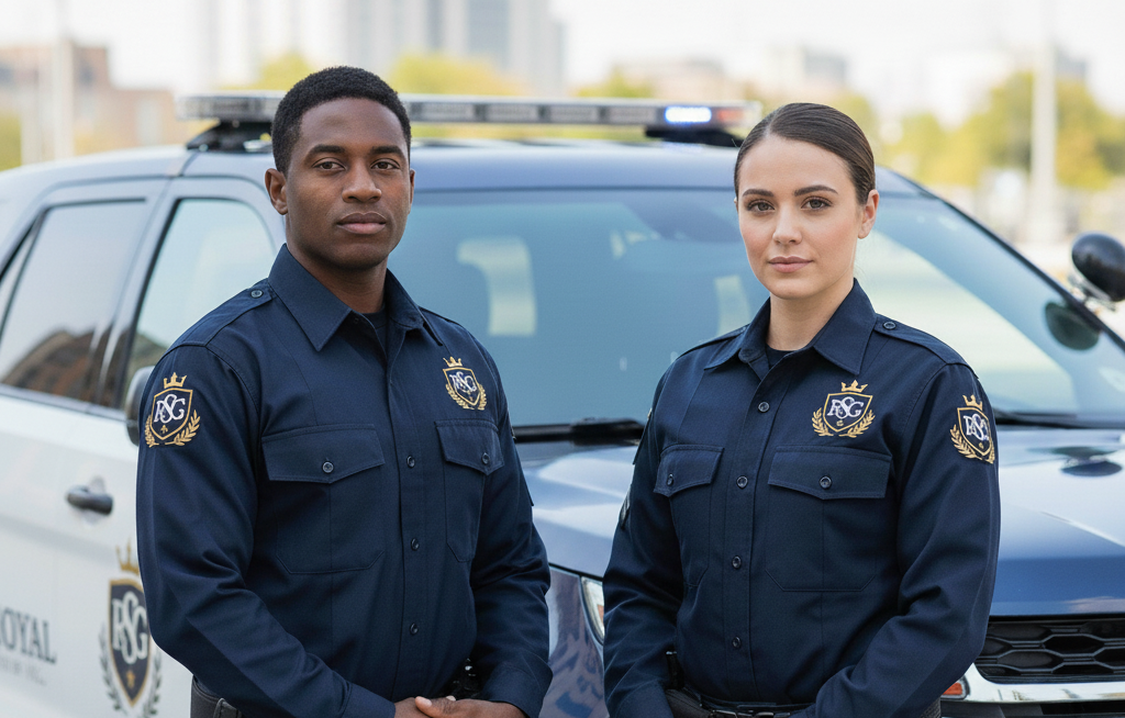 Royal Sentinel officers standing in front of patrol vehicle